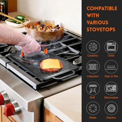 Miniatura 6 de GGC Parrilla reversible de hierro fundido, sartén de doble cara perfecta para parrillas de gas y estufas, 13 x 8.25 pulgadas rectangular