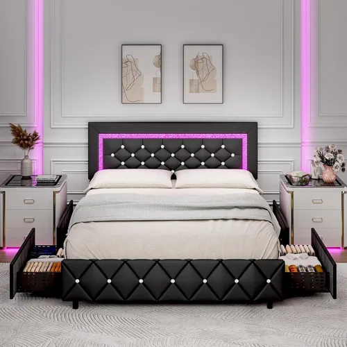 Miniatura 14 de Base de cama tamaño queen con luces LED, plataforma tapizada con cajones de almacenamiento, cama princesa con cabecera y cabecera de diamante,