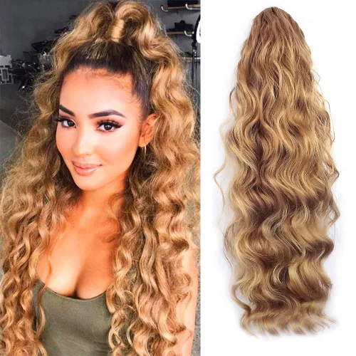 Miniatura 11 de KETHBE Extensión de pelo para cola de caballo de 24 pulgadas con onda corporal, sintética, resistente al calor, con cordón envolvente, rizada