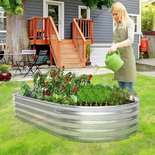 Miniatura 8 de HKLGorg Cama de jardín elevada galvanizada, caja de metal galvanizado de 6 x 3 x 1 pies, macetero ovalado grande elevado para flores, verduras