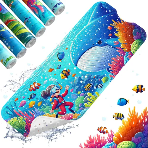 Miniatura 26 de XIYUNTE Tapete de baño para bebé, para niños, 40 x 16 pulgadas, extralargo, antideslizante, de caricaturas, para tina o ducha, con ventosas
