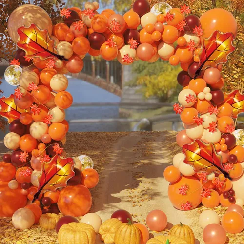 Miniatura 6 de Kit de arco de globos de Acción de Gracias, kit de arco de globos de otoño de 167 piezas, globos de confeti de color naranja, burdeos, oro rosa