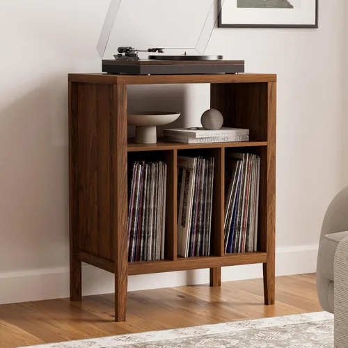 Miniatura 9 de Moderno soporte para tocadiscos, armario de almacenamiento de discos de vinilo con estante abierto, reproductor de discos de madera, organizador