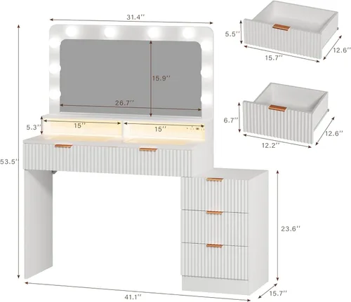 Miniatura 2 de HUAHUU Escritorio de tocador acanalado con espejo y luces, escritorio de maquillaje con parte superior de cristal, mesita de noche y diseño de panel