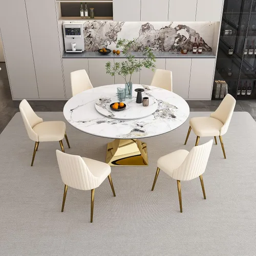 Miniatura 15 de Mesa de comedor redonda, mesa de comedor de piedra sinterizada blanca, base moderna de acero inoxidable sólido