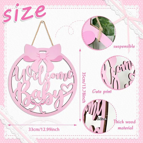 Miniatura 3 de Decoraciones de baby shower con lazo rosa para niña, letrero de madera de bienvenida para bebé, coqueta, decoración de fiesta de baby shower, lazo