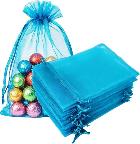 50 bolsas de organza de regalo con cordón de 4 x 6 pulgadas, color azul aguamarina para joyas, contenedores de almacenamiento de tela transparente