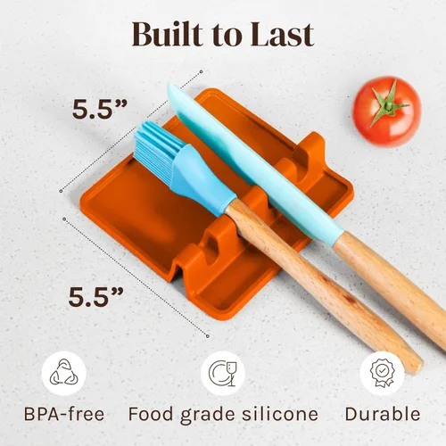 Miniatura 9 de Soporte de cuchara de silicona naranja para estufa con almohadilla de goteo (paquete de dos) – Resistente al calor sin BPA y soporte para cuchara