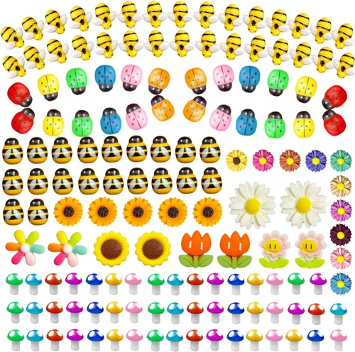 225 piezas de resina diminuta abeja de madera mariquita margarita flor decoración de hongos, adorno de abejorro, encanto de limo epoxi en miniatura,