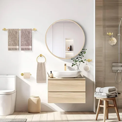 Miniatura 7 de Juego de 5 piezas de toallero, accesorios de baño de hardware de oro cepillado que incluye toallero de 60 cm, soporte de papel higiénico, anillo