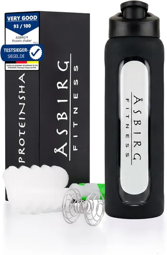 Botella agitadora de proteínas de vidrio de 35 onzas, sin BPA, tapa a prueba de fugas, bola mezcladora y funda de silicona, gran agitador de