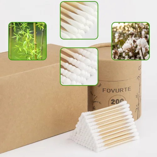 Miniatura 2 de Hisopos de algodón de bambú, 400 unidades, hisopos de algodón de doble punta en espiral y redondos, capullos de algodón de madera orgánica