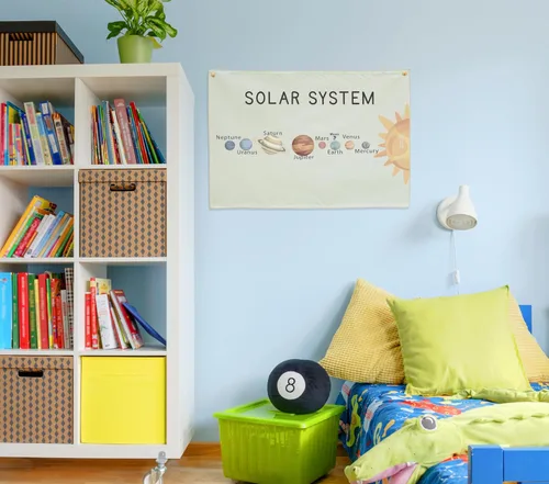 Miniatura 5 de Banner de aula de sistema solar, planeta espacial en lienzo de algodón beige para escuela en casa, jardín de infantes, guardería y decoración