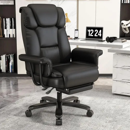 GYI Silla de oficina reclinable 160 con reposapiés, silla de escritorio grande y alta, color negro | Asiento con patas cruzadas, respaldo alto, piel
