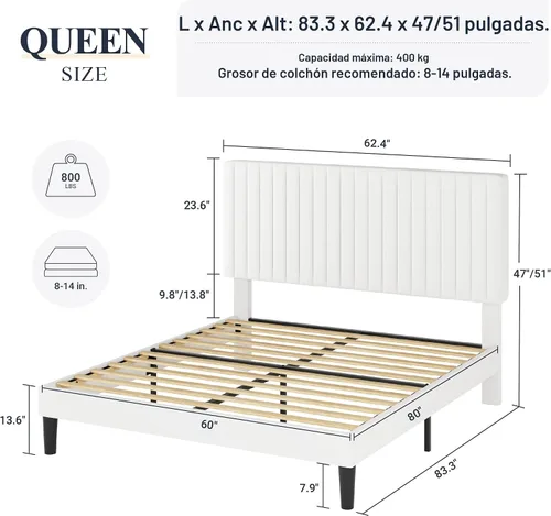 Miniatura 2 de Allewie Base de cama Queen con plataforma tapizada de terciopelo con cabecera capitoné de canal vertical ajustable, base de colchón con listones