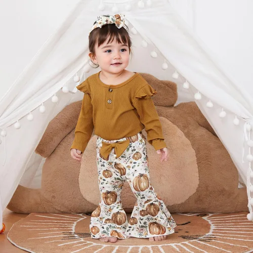 Miniatura 2 de Kuriozud Conjunto de Pantalones Acampanados para Bebé Recién Nacida Niña Mameluco con Volantes Lindo Lazo Pantalones Acampanados Diadema Ropa Linda
