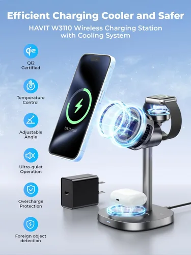 Miniatura 2 de havit Qi2 Estación de carga inalámbrica 3 en 1, cargador magnético de 15 W con ventilador de refrigeración para iPhone 17/16/15/14/13/12, Apple