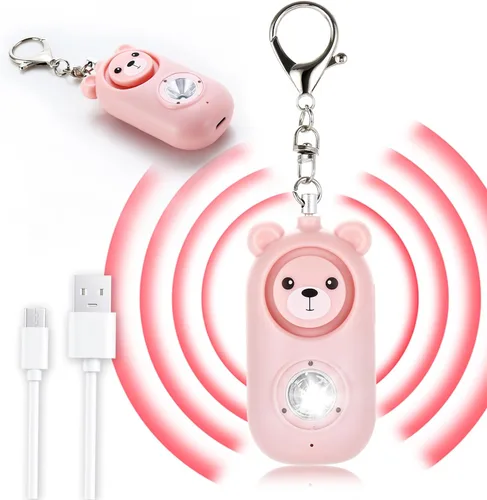 Miniatura 10 de Llavero de alarma de seguridad personal con luz LED, alerta de emergencia de 130 dB, diseño de oso recargable para mujeres, niños y niñas