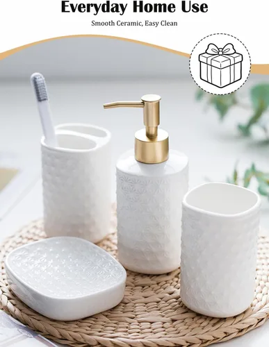 Miniatura 6 de Juego de accesorios de baño de cerámica, paquete de 4 conjuntos de baño para baño, incluye 1 dispensador de loción, 1 soporte para cepillo