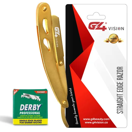 Miniatura 6 de G4 Maquinilla de afeitar profesional de borde recto para hombres con 100 cuchillas derby reemplazables para barbero Dorado