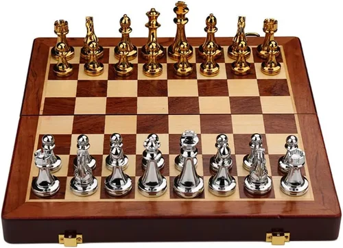 Miniatura 2 de Juego de ajedrez de metal grande de 11 pulgadas, caja de madera portátil con piezas de aleación, tablero plegable, ideal para adultos