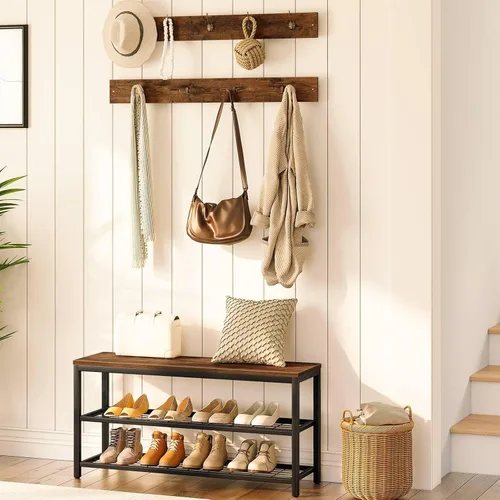 Miniatura 2 de HOOBRO Árbol de pasillo con banco, juego de perchero y banco para zapatos, zapatero de entrada con ganchos para abrigos, árbol de pasillo