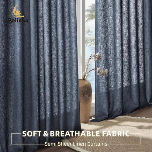 Miniatura 4 de Cortinas con pestaña trasera de 84 pulgadas de largo, mezcla de lino, juego de 2 paneles, cortinas azul oscuro extra anchas para patio, pasillo