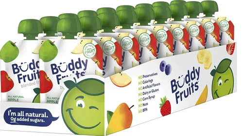 Buddy Fruits Snacks To Go Orchard Blend Puré de manzana sin azúcar, bolsa de 3.2 onzas (18 unidades) sin gluten, frutos secos, conservantes lácteos,