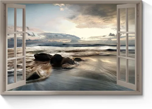 Miniatura 8 de Arte de pared con ventana abierta del océano: puesta de sol, escena de playa costera, pintada sobre lienzo, paisaje marino azul, veleros náuticos