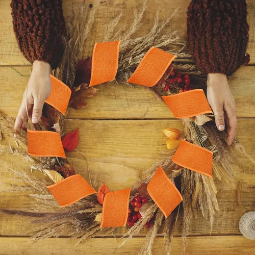Miniatura 6 de 8 rollos de cinta de arpillera de otoño de Acción de Gracias de 44 yardas de cinta de arpillera de 2.4 pulgadas con borde con alambre para envolver