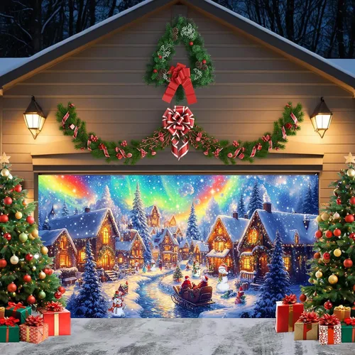 Miniatura 10 de Cubierta de puerta de garaje de Navidad de 6 x 8 pies, Papá Noel, retro, camión, nieve, árbol de Navidad, decoración de puerta de garaje, decoración
