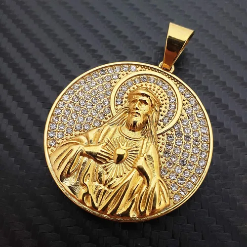 Miniatura 2 de Colgante de acero inoxidable con dije de medalla de Jesús Santo en tono dorado