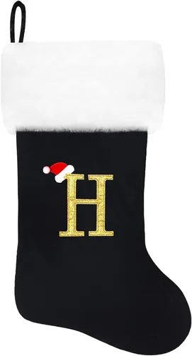 Miniatura 74 de Calcetines de Navidad bordados de 20 pulgadas con monograma, terciopelo negro con puño de felpa blanca supersuave, adornos clásicos para decoración