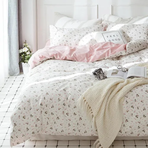 Miniatura 74 de Juego de funda de edredón blanca con estampado floral azul, juego de ropa de cama de algodón suave estilo bohemio, juego de ropa de cama estética
