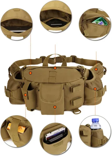 Miniatura 4 de Riñonera táctica con 2 bolsillos para botella de agua, riñoneras militares, impermeable, para caza, senderismo, correr, Negro -, Riñonera