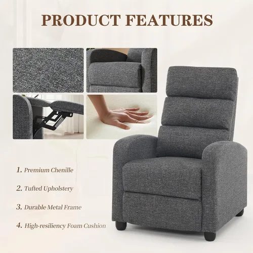 Miniatura 4 de Furnimart Small Manual Recliner Chair for Compact Spaces, Overstuffed Chenille, Chunky Cushion, Comfortable Single Sofa Recliner for Adults, Ideal