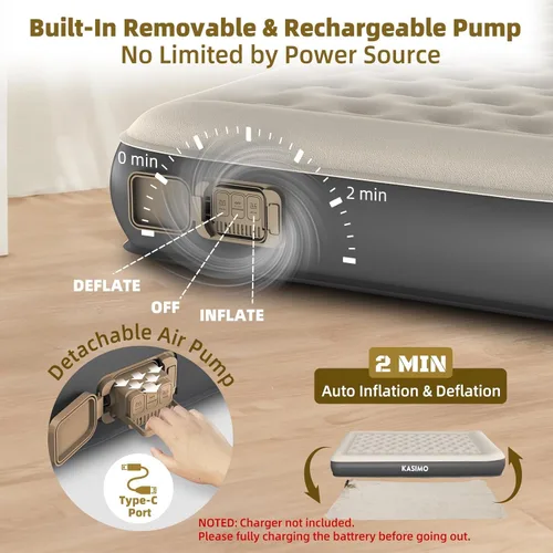 Miniatura 3 de KASIMO Colchón de aire tamaño individual con bomba extraíble de batería integrada, colchón inflable de TPU con almohada, fuerte apoyo toda la noche