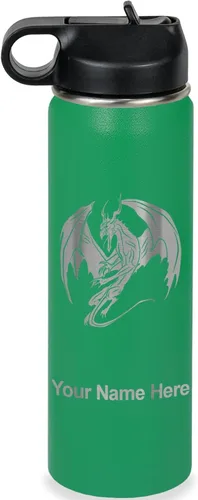 Miniatura 38 de LaserGram Botella de agua con tapa abatible de doble pared de 12 onzas con pajilla, dragón, grabado personalizado incluido (negro)