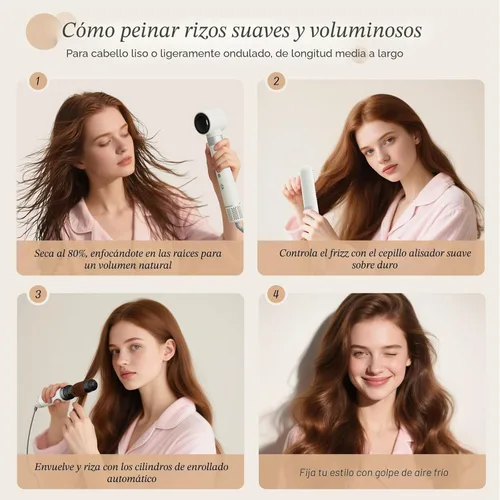 Miniatura 8 de Estilizador de cabello 6 en 1, secador de pelo iónico de alta velocidad con rizadores de envoltura automática, cepillo ovalado y voluminizador, sin