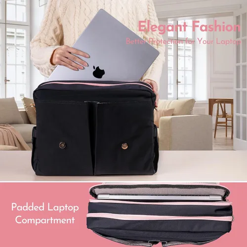 Miniatura 5 de Bolsa de mano para laptop para mujer, bolsa de trabajo de lona de 15.6 pulgadas con 17 bolsillos, color negro y beige, elegante, duradera y ligera