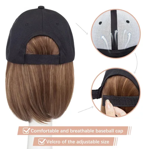 Miniatura 4 de SEGO Gorra de béisbol con extensiones de cabello para mujer, resistente al calor, sintético, 6 pulgadas, ajustable, corta, recta, peluca de repuesto