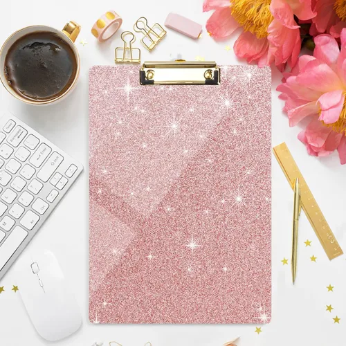 Miniatura 4 de Portapapeles acrílico, tablero rígido rosa con purpurina para mujeres y niñas, tablero de clip tamaño carta Stardard con clip dorado de perfil bajo