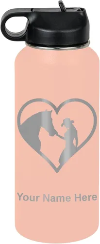 Miniatura 72 de LaserGram Botella de agua personalizada, corazón de vaquera de caballo, acero inoxidable de doble pared aislada al vacío con popote superior, regalo