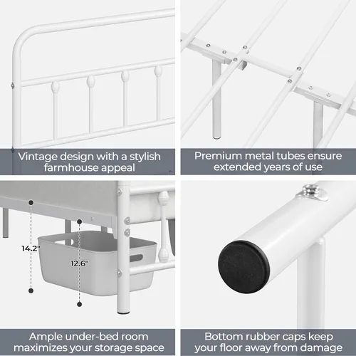 Miniatura 6 de Yaheetech Base de cama clásica de metal con base de colchón con estilo victoriano, cabecera, estribo, almacenamiento debajo de la cama, no necesita