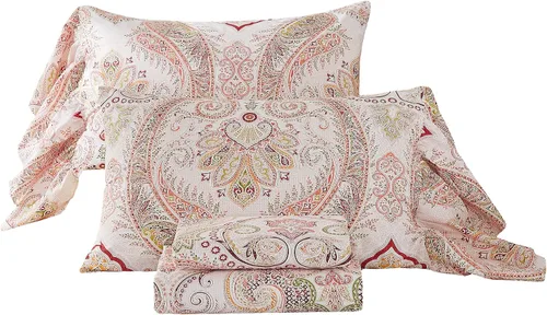Miniatura 14 de ABREEZE Juego de sábanas con estampado floral beige, juego de ropa de cama bohemio, juego de ropa de cama de lujo de 4 piezas, medallón de damasco