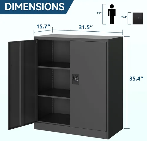 Miniatura 2 de MIIIKO Gabinete de almacenamiento con cerradura, pequeño gabinete de garaje de metal con puertas y estantes, 35.4 "armarios de armario de base