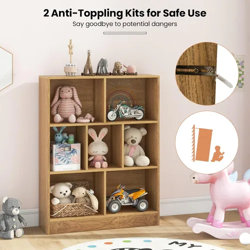 Miniatura 5 de Costzon 7-Cube Bookshelf for Kids, Wooden Toy Storage Organizer w/ 2 Anti-Toppling Kits, 3 Tier Open Shelves & Non-Slip Foot Pads, Montessori Toy