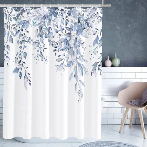 Miniatura 21 de Tititex Spun Sugar - Juego de cortinas de ducha de eucalipto azul claro, hojas de acuarela brillantes en la parte superior, decoración floral