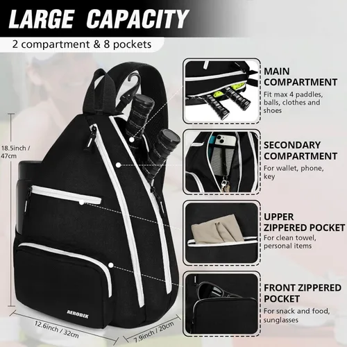 Miniatura 2 de Bolsa de Pickleball AEROBIX para Mujeres y Hombres, Mochila de Pickle Ball - Cremalleras Mejoradas, Gran Capacidad, Bolsillo Acolchado para Pala