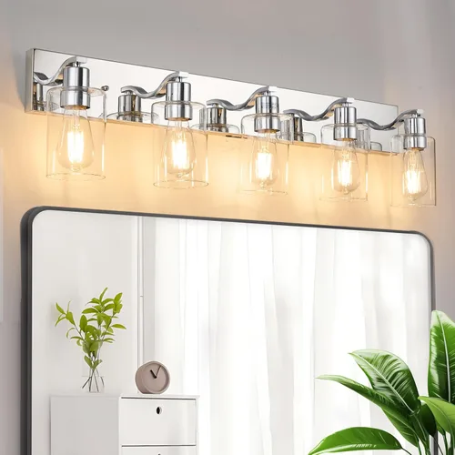 Miniatura 12 de 2 Luces de Iluminación para Baño, Accesorios de Iluminación de Tocador en Bronce Cepillado con Soporte de Vidrio Transparente de 33cm, Lámparas